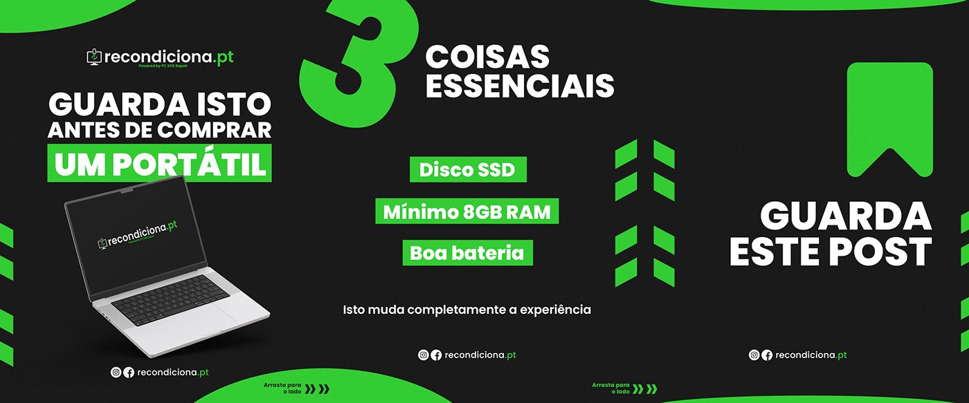 Publicações para redes sociais da recondiciona.pt com dicas para comprar um portátil