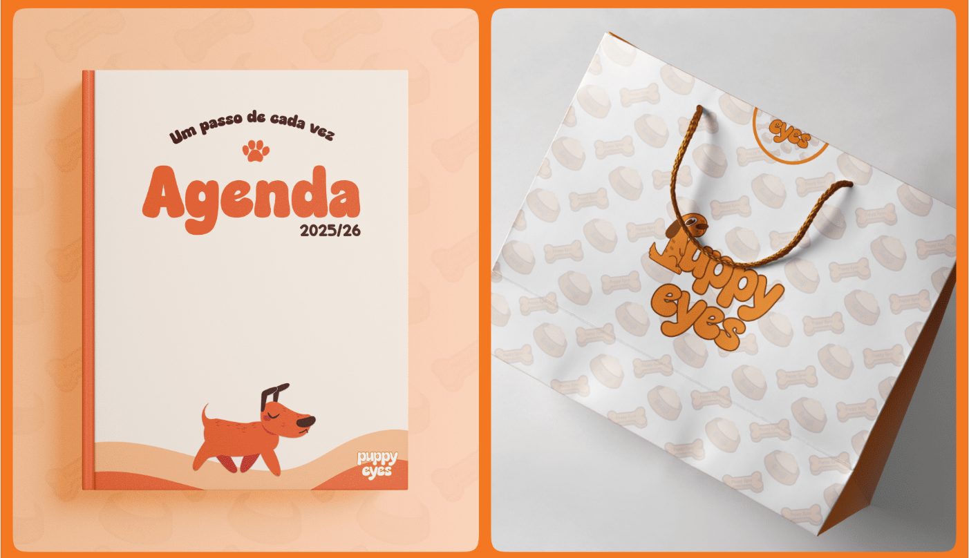 Aplicações da identidade Puppy Eyes numa agenda e saco